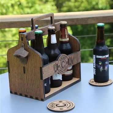 Personalized Beer Caddy with bottle opener and matching personalized brewing coasters.
